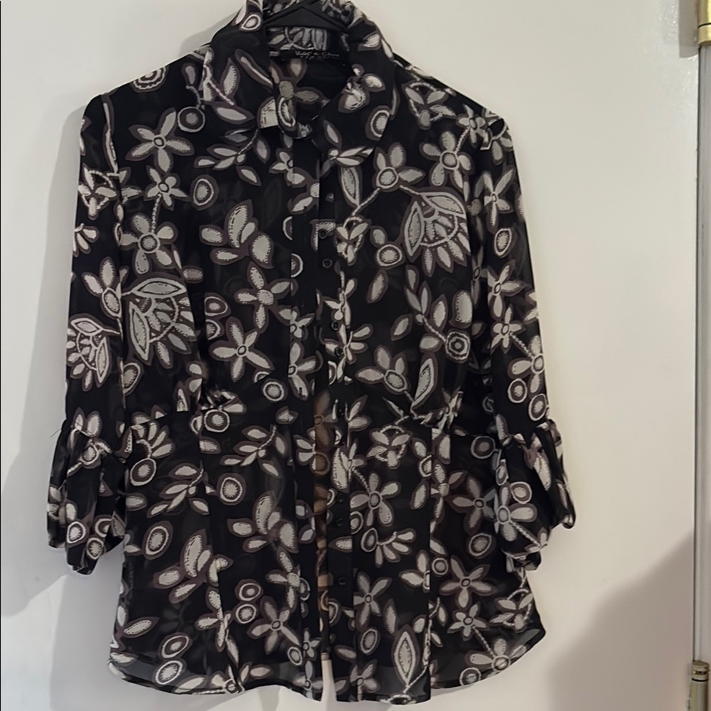 Violet & Claire Black Gray Blouse 3/4 Sleeve Notched Collar